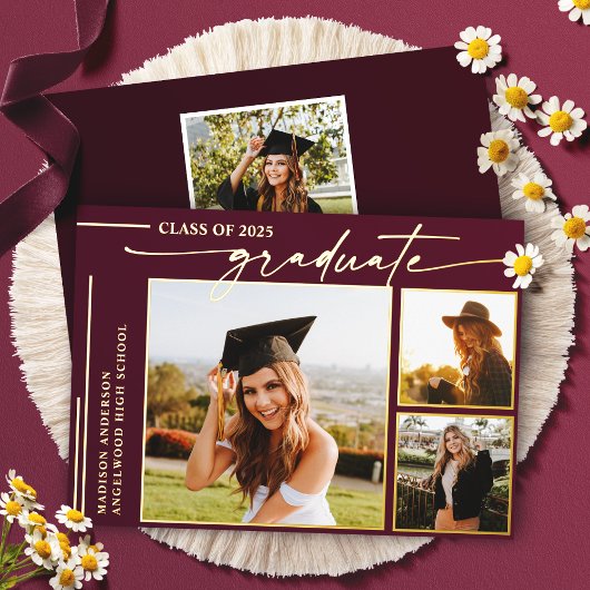 Moderner Burgundy Script Graduate Foto Abschluss Folieneinladung