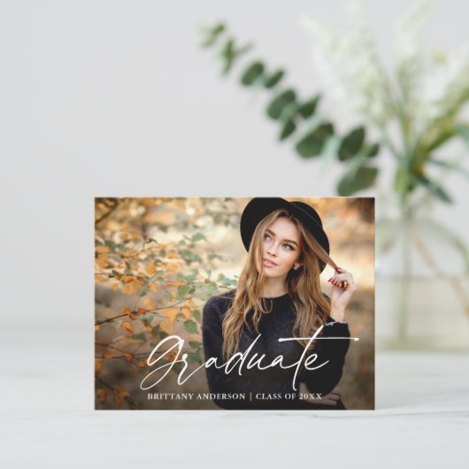 Moderner Calligraphy Ink Script Foto Abschluss Postkarte (Stehend Vorderseite)