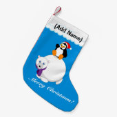 Moderner Cartoon eines Pinguins auf einem Eisbär, Kleiner Weihnachtsstrumpf (Vorderansicht (hängend))