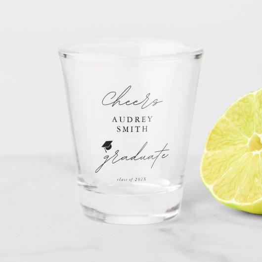 Moderner Cheers-Abschluss-Skript-Abschluss-Hut Schnapsglas (Vorderseite)