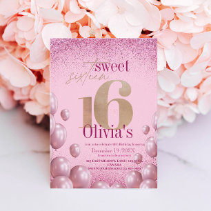 Moderner Chic 16. Geburtstag Pink Balloons Glitzer Einladung