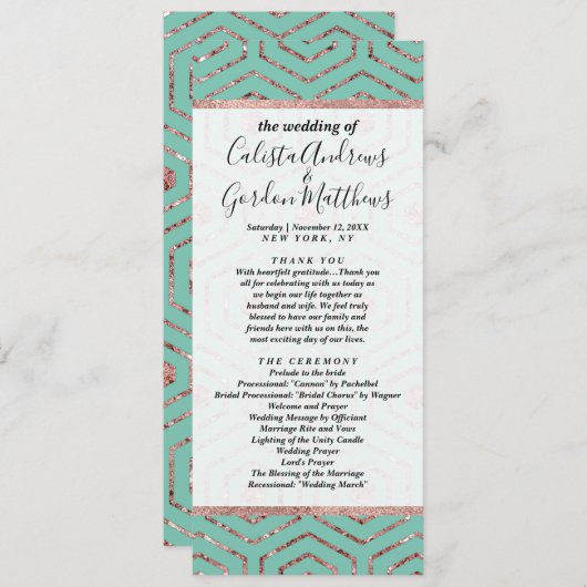 Moderner Chic Aqua Rose Gold Glitzer Hexagon Geo Programm (Vorne/Hinten)