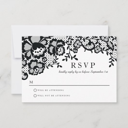 Moderner Chic Black Lace Formal Wedding RSVP (Vorderseite)