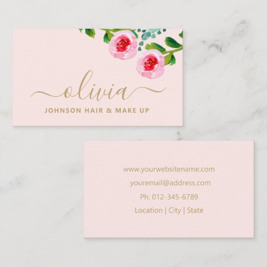 Moderner Chic Gold Pink Floral Makeup Artist Salon Visitenkarte (Vorne/Hinten)