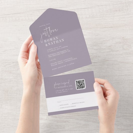 Moderner Chic Lavender Just Liebe QR Code Hochzeit All In One Einladung (Abreißen)