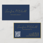 Moderner Chic Navy Blue Gold Handgeschriebener QR Visitenkarte (Vorne/Hinten)