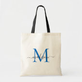 Moderner Chic Navy Blue Monogram Eleganter Skriptn Tragetasche (Vorne)