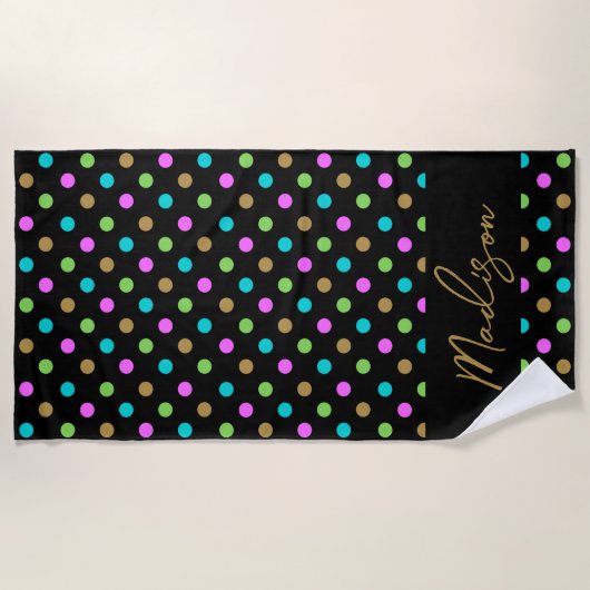 Moderner Chic Polka Dots Personalisiert Black & Go Strandtuch (Vorderseite)