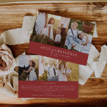 Moderner Chic | Red Foto Collage Christmas News Feiertagskarte<br><div class="desc">Diese moderne schicke Rot-Foto Collage Weihnachts-Weihnachtsgeschenk-Urlaubskarte ist der perfekte stilvolle Gruß. Dieses schlichte Boho-Design zeichnet sich durch klassische, raffinierte Kalligraphie in traditionellem rustikalem Rot und Weiß aus. Personalisieren Sie die Karte mit 5 Fotos (2 vorne und 3 hinten), Familienname, Vornamen und Jahr. Geben Sie auf der Kartenrückseite ein optionales Jahr...</div>