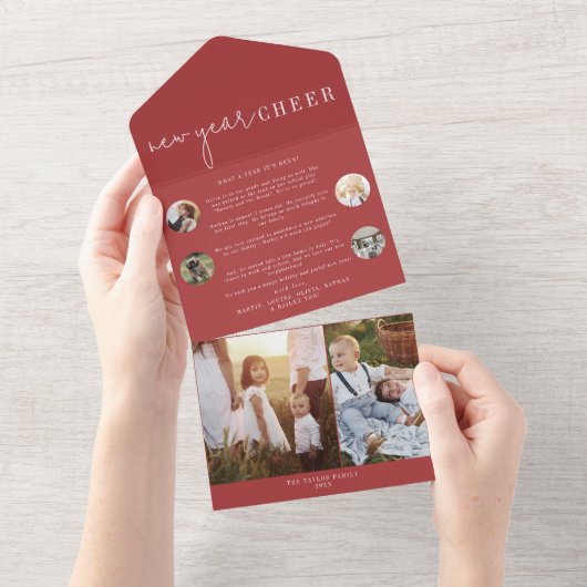 Moderner Chic | Red New Year Chee Multi Foto All In One Einladung (Abreißen)