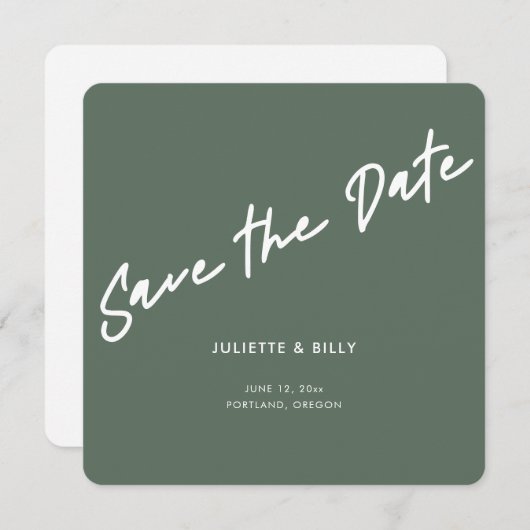 Moderner Chic Script Sage Green Square Save The Date (Vorne/Hinten)