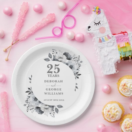 Moderner Chic Silver 25. Hochzeitstag Pappteller (Party)