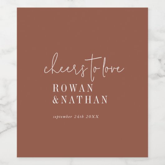 Moderner Chic Terracotta Rost jubelt Liebe Hochzei Weinetikett (Einzelnes Label)