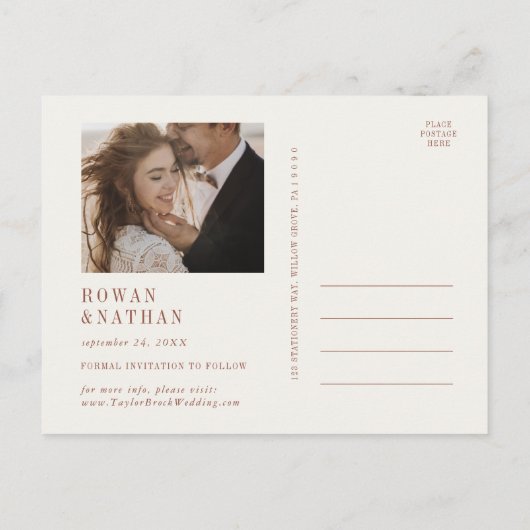 Moderner Chic Terracotta Rostkalender Save the Dat Einladungspostkarte (Rückseite)