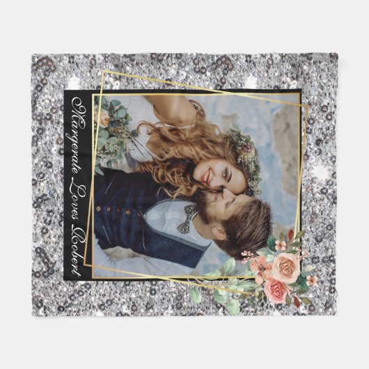 Moderner Chic Wedding Liebe Couple Silver Glitzer Fleecedecke (Vorderseite (Horizontal))