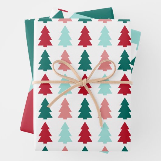 Moderner Christbaum, Aquamarin, Aqua, Rot Geschenkpapier Set (Beispiel)