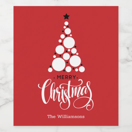 Moderner Christbaum auf Rot Weinetikett (Einzelnes Label)