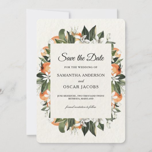 Moderner Citrus Orange Floral | Rustikal Save The Date (Vorderseite)
