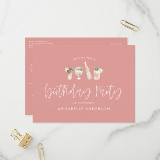 Moderner Cocktail im Girly-Rosa-Stil - Geburtstags Einladungspostkarte