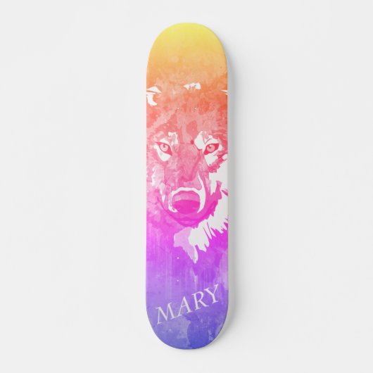 Moderner cool orangefarbener lila rosa Wölf Skateboard (Vorne)