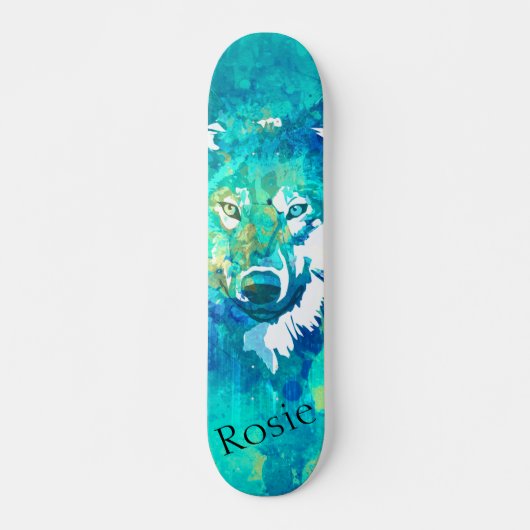 Moderner cooler, aquamarin-blaugrüner Wolf Skateboard (Vorne)