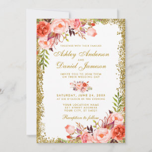 Moderner Coral Floral Wedding Gold Glitzer W Einladung