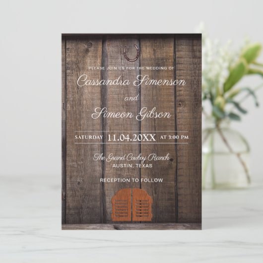 Moderner Cowboy ,Wood Rustic Wedding Day Einladung (Stehend Vorderseite)