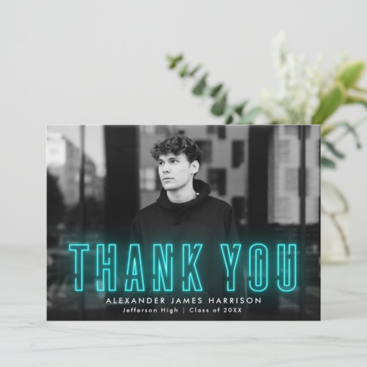 Moderner Cyan Neon Foto Abschluss Dankeskarte (Stehend Vorderseite)
