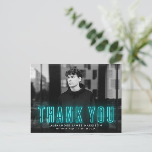 Moderner Cyan Neon Foto Abschluss Postkarte (Stehend Vorderseite)