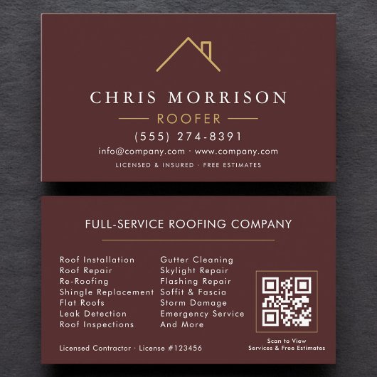 Moderner Dachdecker Burgunder Gold QR Code Visitenkarte