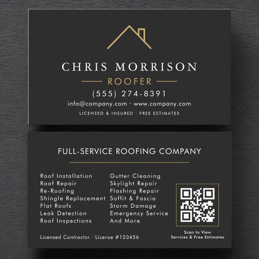 Moderner Dachdecker Schwarz-Gold-QR-Code Visitenkarte