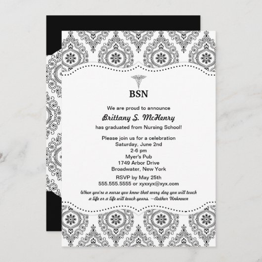 Moderner Damast BSN RN LPN des Einladung (Vorne/Hinten)