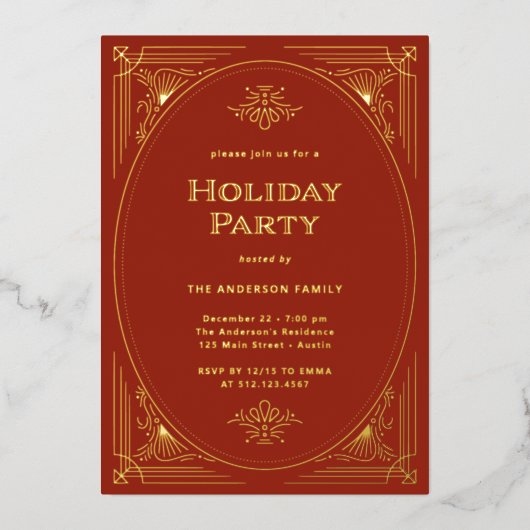 Moderner Deko | Elegante Red Holiday Party Gold Folieneinladung (Vorderseite)