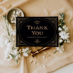 Moderner Deko | Elegante Schwarz-Gold-Hochzeit Dankeskarte<br><div class="desc">Diese glamouröse Dankeschön-Karte zeichnet sich durch einen modernen Spin auf klassischen Deko aus. Ein verzierter,  vergoldeter geometrischer Rahmen und eine Verzierung aus Imitaten schmücken einen eleganten dunkelschwarzen Hintergrund für einen dramatischen,  altertümlichen Hochzeitslook. Der Rücken ist eine leere Elfenbeinfarbe,  sodass Sie Ihre eigene Nachricht schreiben können.</div>