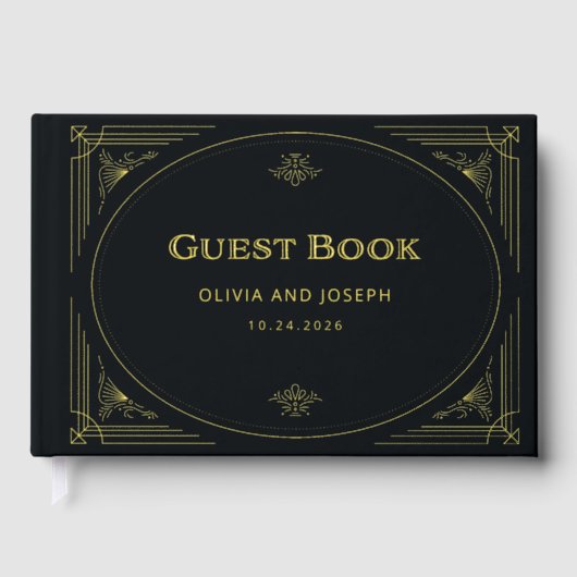 Moderner Deko | Elegante Schwarz-Gold Hochzeit Gästebuch (Vorderseite)