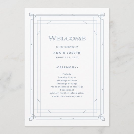 Moderner Deko | Elegante White and Dusty Blue Wedd Programm (Vorderseite)
