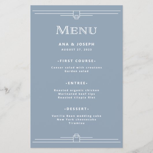 Moderner Deko | Elegantes Dusty Blue Wedding Menu Flyer (Vorne)