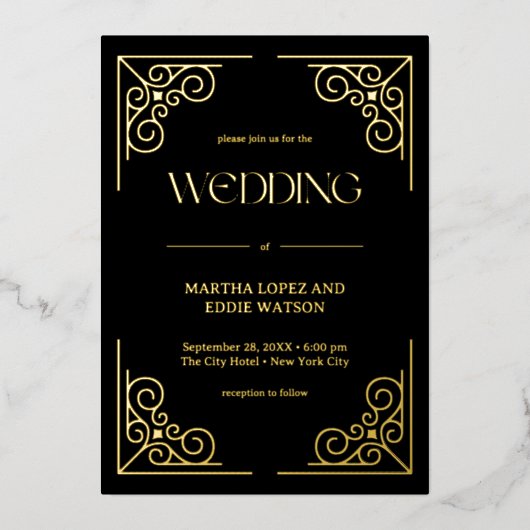 Moderner Deko | Elegantes Hochzeitschwarz und Gold Folieneinladung (Vorderseite)
