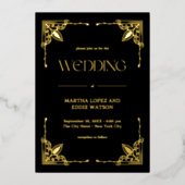 Moderner Deko | Elegantes Hochzeitschwarz und Gold Folieneinladung (Vorderseite)