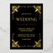 Moderner Deko | Elegantes Hochzeitschwarz und Gold Folieneinladung (Vorderseite)