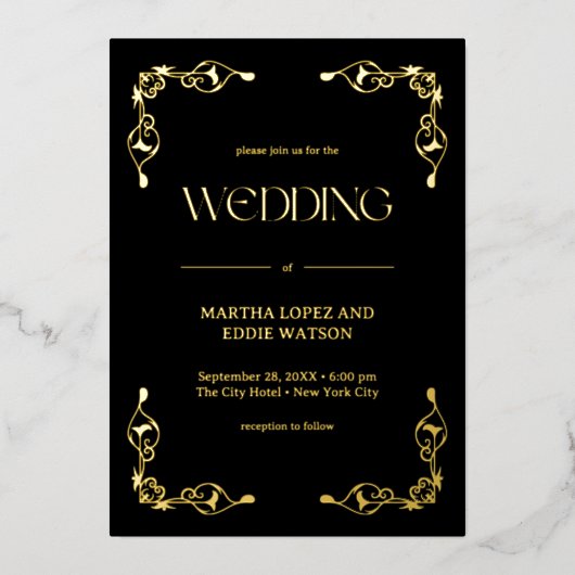 Moderner Deko | Elegantes Hochzeitschwarz und Gold Folieneinladung (Vorderseite)