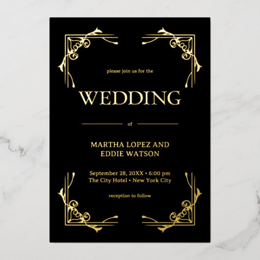 Moderner Deko | Elegantes Hochzeitschwarz und Gold Folieneinladung (Vorderseite)