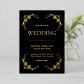 Moderner Deko | Elegantes Hochzeitschwarz und Gold Folieneinladung (Stehend vorne)