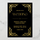 Moderner Deko | Elegantes Hochzeitschwarz und Gold Folieneinladung (Vorderseite)