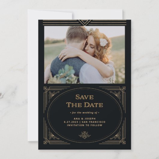 Moderner Deko | Elegantes Imitat Gold und Schwarze Save The Date (Vorderseite)