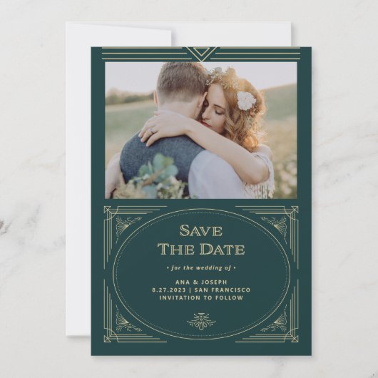 Moderner Deko | Emerald Green und Champagne Foto Save The Date (Vorderseite)