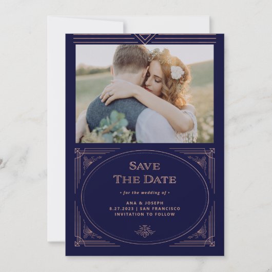 Moderner Deko | Imitate Rose Gold und Navy Blue Fo Save The Date (Vorderseite)