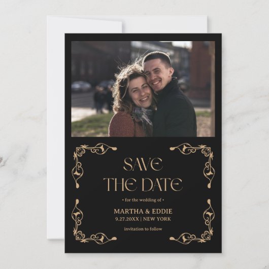 Moderner Deko | Imitats Hochzeit mit Gold und Blac Save The Date (Vorderseite)