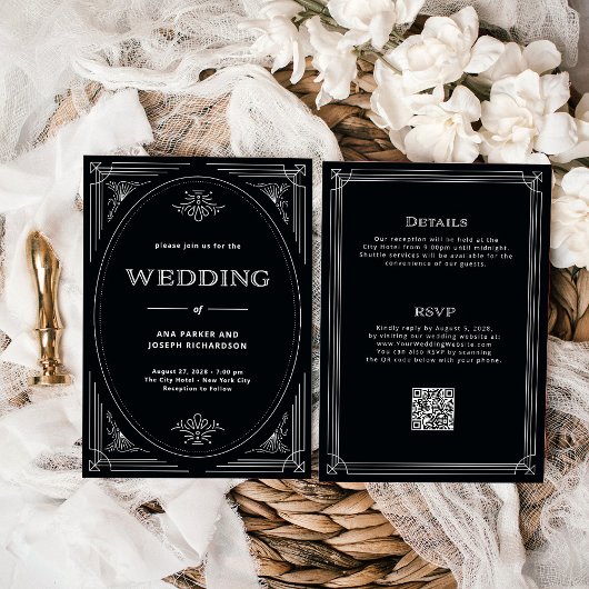 Moderner Deko Onyx Black All in One QR Code Weddin Einladung