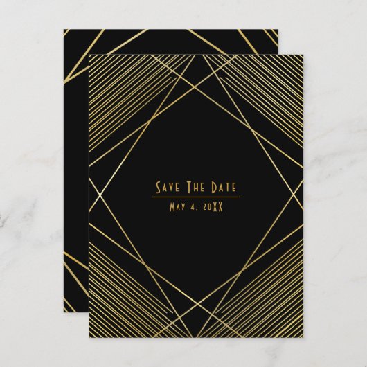 Moderner Deko Save the Date in Gold und Schwarz Ankündigungspostkarte (Vorne/Hinten)